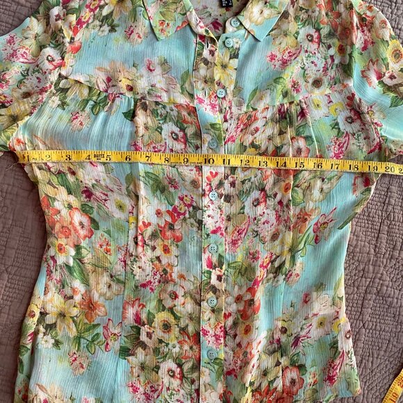 Silk Button-down Short Puff Sleeves Floral Blouse Aqua 6 - Picture 12 of 12